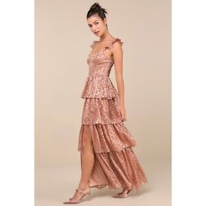 Lulus Stunning Glory Dusty Pink Floral Jacquard Tiered Maxi Dress - Size S